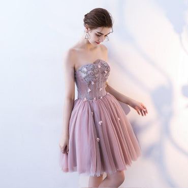 A Line Strapless Flowers Short Tulle Homecoming Dresses,Cocktail Dress INC64