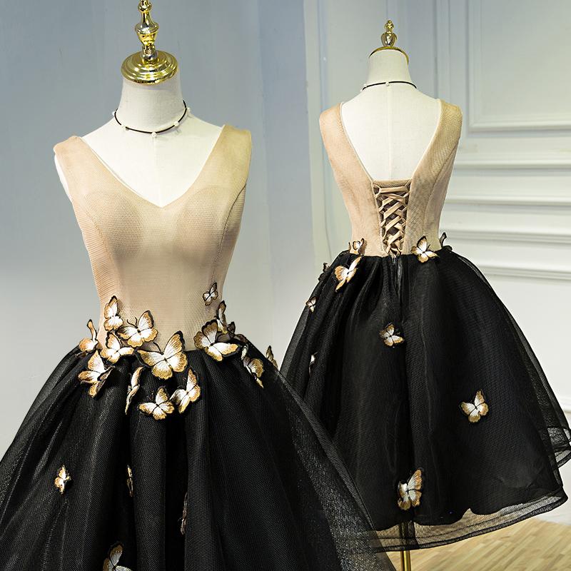 A Line Black V Neck Homecoming Dresses, Sleeveless Prom Dress With Butterfly INN68