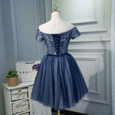 A Line Off the Shoulder Navy Blue Short Homecoming Dress INN44