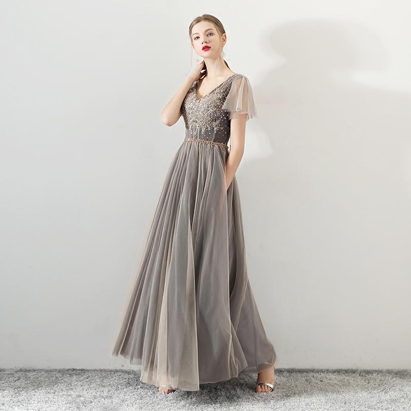 A Line Tulle Long Appliques Beaded Prom Dresses, Grey Formal Evening Dress ING72