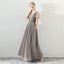 A Line Tulle Long Appliques Beaded Prom Dresses, Grey Formal Evening Dress ING72