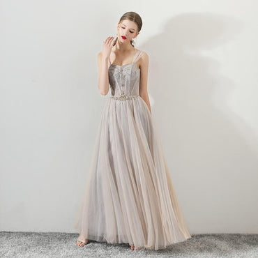 A Line Tulle Long Straps Lace Up Back Beaded Prom Dresses,Evening Dress ING73