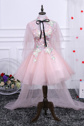 Pink A Line Tulle Spaghetti Straps Homecoming Dresses With Appliques INN54
