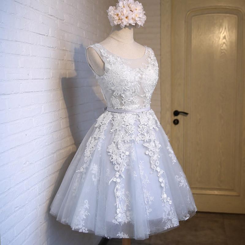 A Line Lace Appliques V Neck Gray Short Homecoming Dresses IND6