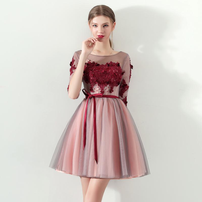 A Line Red Flowers Half Sleeves Homecoming Dresses, Short Appliques Prom Dress INN61