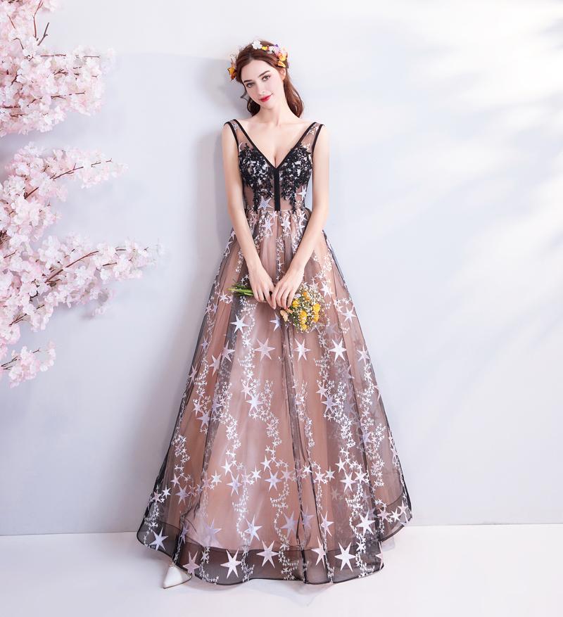 A Line V Neck Appliques Long Prom Dress With Stars Evening Dresses INQ71
