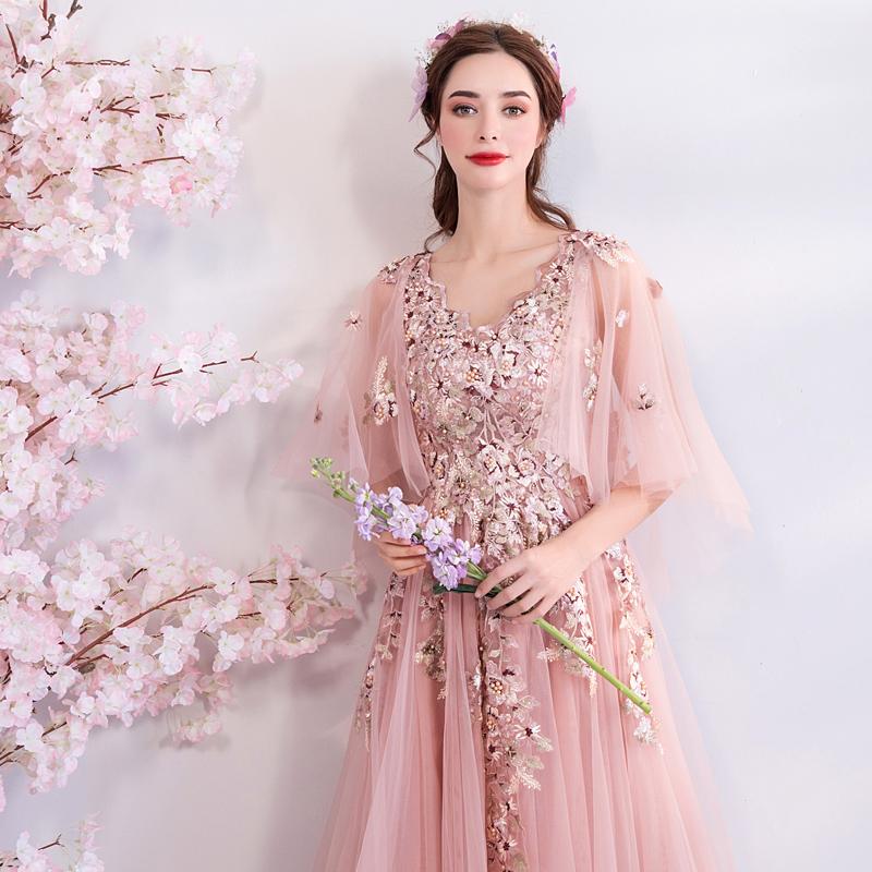 Princess A Line Pink Long Tulle Appliques V Neck Prom Dresses ING68