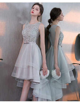 Gray High Low Beaded A Line Tulle Homecoming Dresses With Bownot INC57