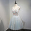 A Line Light Blue Floral Short V Neck Tulle Homecoming Dresses IND3