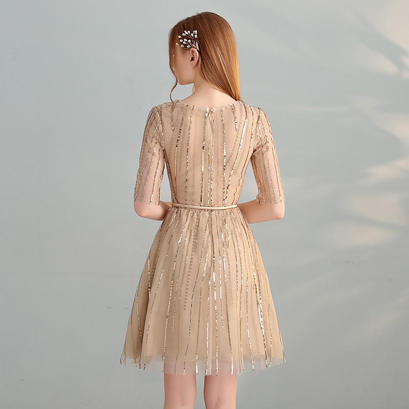 Gold Sequins A Line Short Tulle Half Sleeves Homecoming Dresses INC98