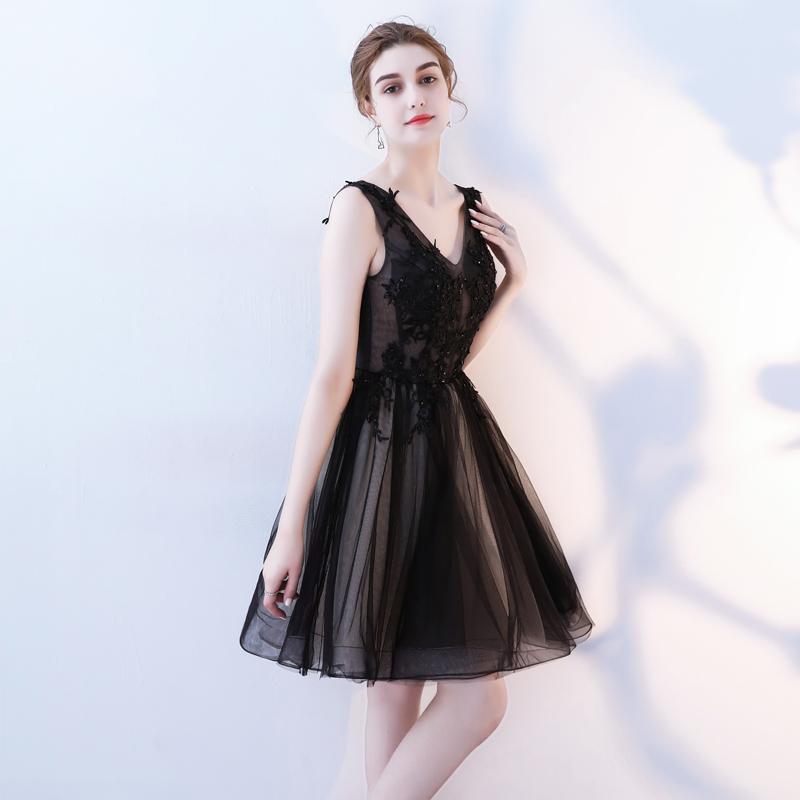 A Line V Neck Black Homecoming Dresses, Short Tulle Appliques Prom Dress INN63