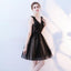 A Line V Neck Black Homecoming Dresses, Short Tulle Appliques Prom Dress INN63