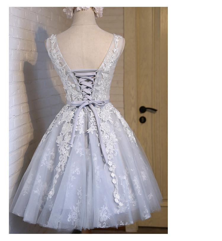 A Line Lace Appliques V Neck Gray Short Homecoming Dresses IND6