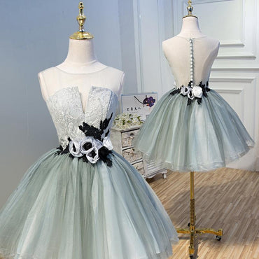 A Line Tulle Flowers Short Homecoming Dresses, Cheap Party Dress INN51