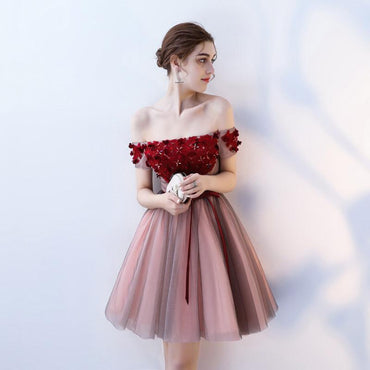 A Line Strapless Red Flowers Short Tulle Homecoming Dresses INC66