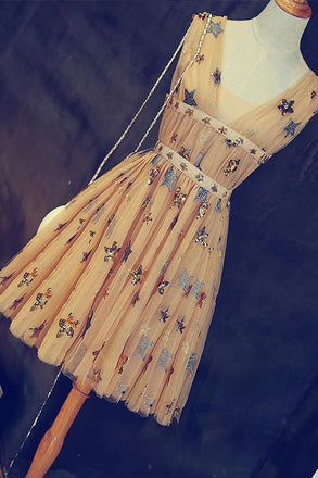 A Line Short Tulle Sleeveless Stars V Neck Homecoming Dresses INC99