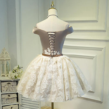 A Line Lace Appliques Off the Shoulder Homecoming Dresses, Short Prom Dress INN70