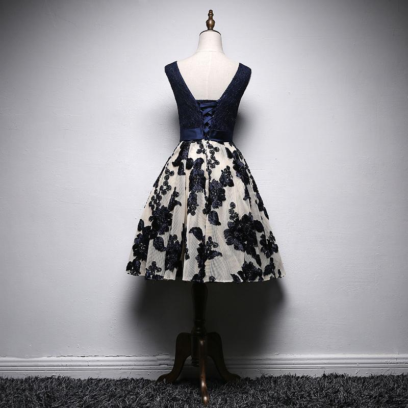 A Line Navy Blue V Neck Homecoming Dresses, Short Bow-knot Prom Dress INN66