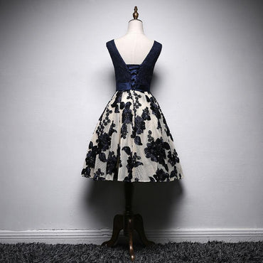 A Line Navy Blue V Neck Homecoming Dresses, Short Bow-knot Prom Dress INN66