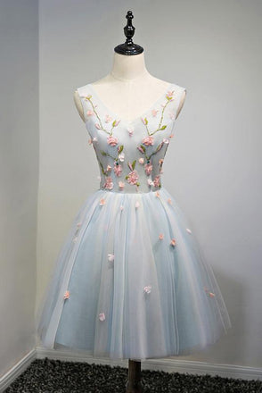 A Line Light Blue Floral Short V Neck Tulle Homecoming Dresses IND3