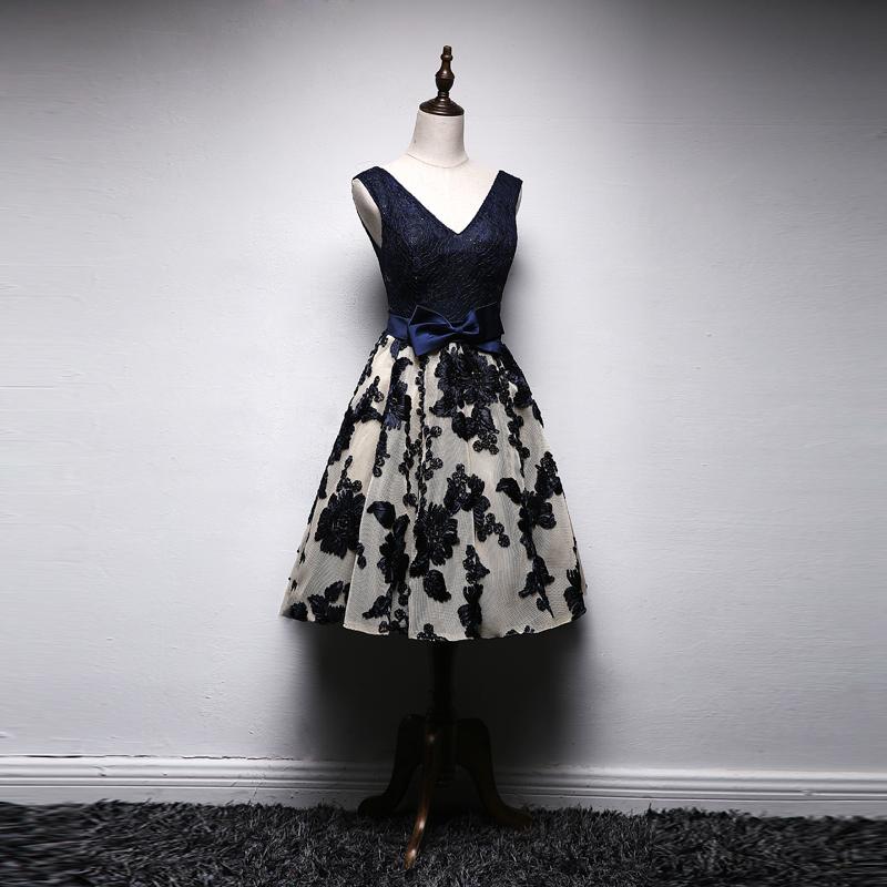 A Line Navy Blue V Neck Homecoming Dresses, Short Bow-knot Prom Dress INN66