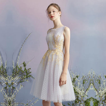 Elegant A Line Tulle Short Homecoming Dresses With Gold Appliques INC53