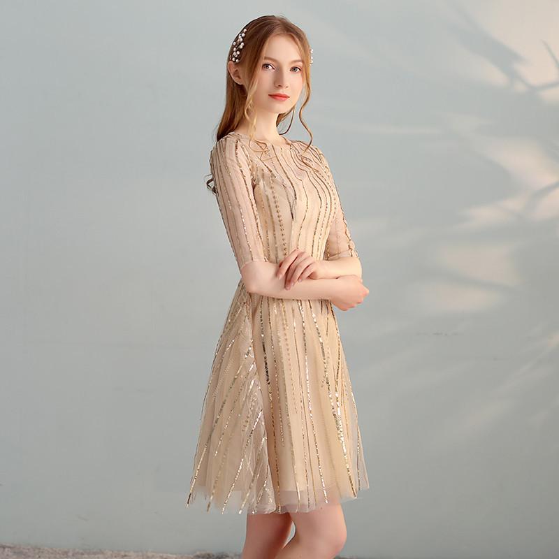 Gold Sequins A Line Short Tulle Half Sleeves Homecoming Dresses INC98