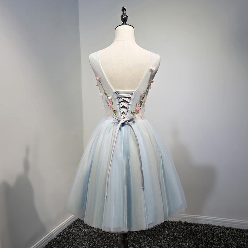 A Line Light Blue Floral Short V Neck Tulle Homecoming Dresses IND3
