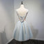 A Line Light Blue Floral Short V Neck Tulle Homecoming Dresses IND3