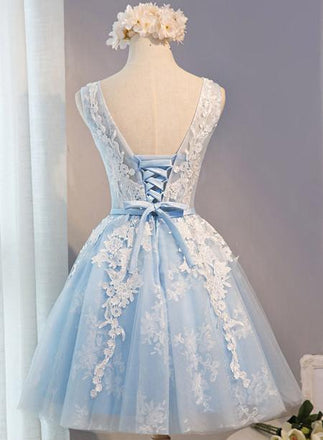 A Line Lace Appliques Round Neck Sky Blue Short Homecoming Dresses IND7