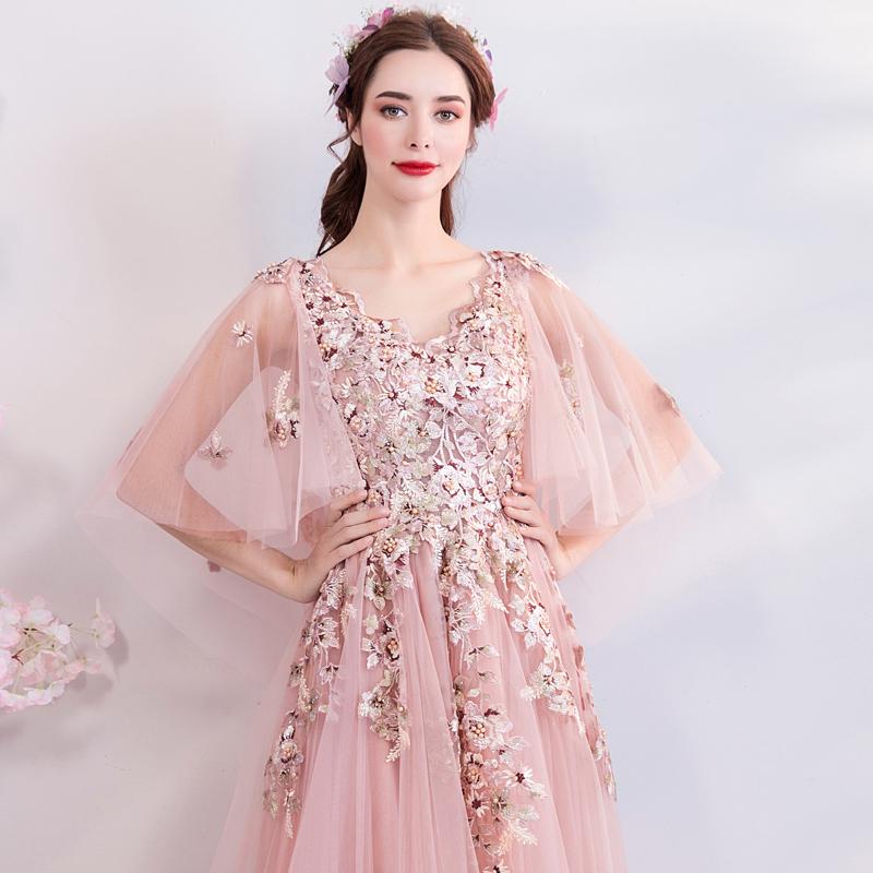 Princess A Line Pink Long Tulle Appliques V Neck Prom Dresses ING68