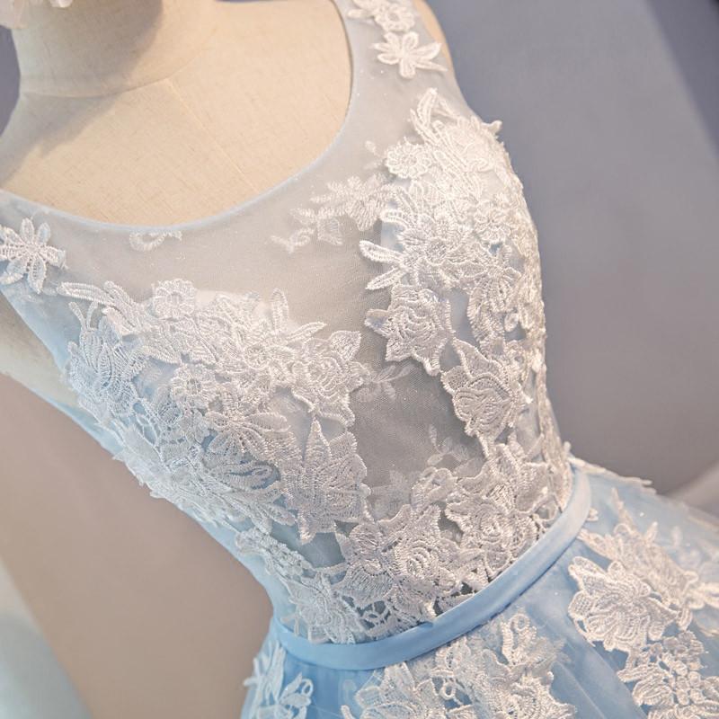 A Line Lace Appliques Round Neck Sky Blue Short Homecoming Dresses IND7