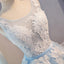 A Line Lace Appliques Round Neck Sky Blue Short Homecoming Dresses IND7