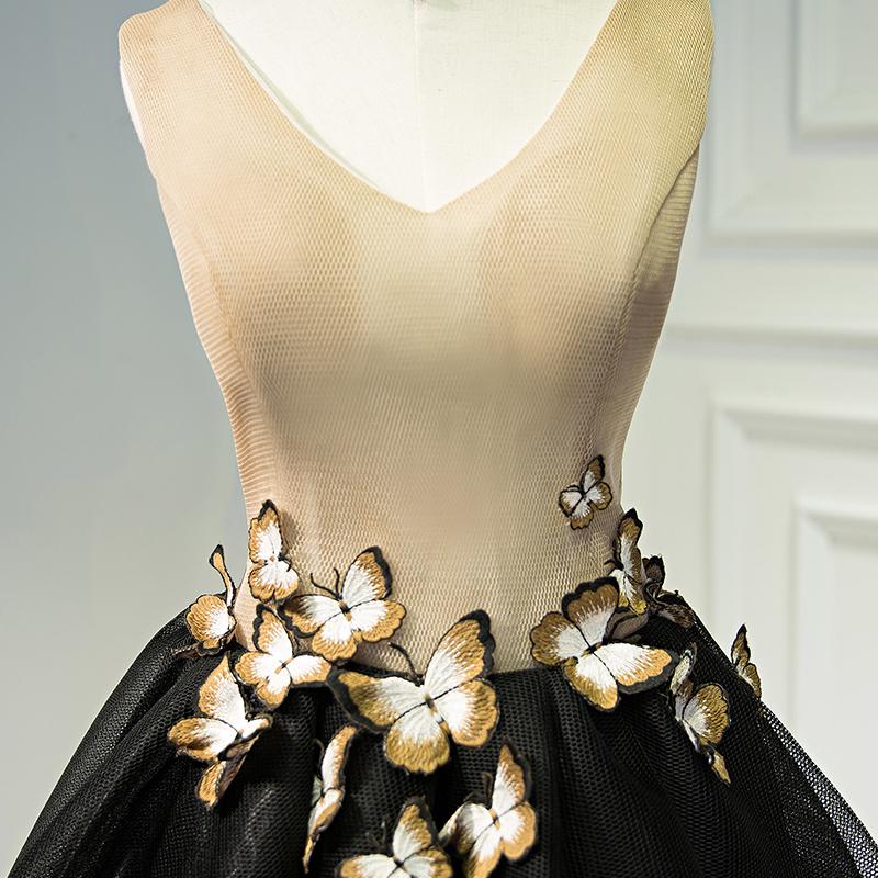 A Line Black V Neck Homecoming Dresses, Sleeveless Prom Dress With Butterfly INN68
