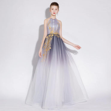 A Line Halter Tulle Long Prom Dresses With Appliques INL28