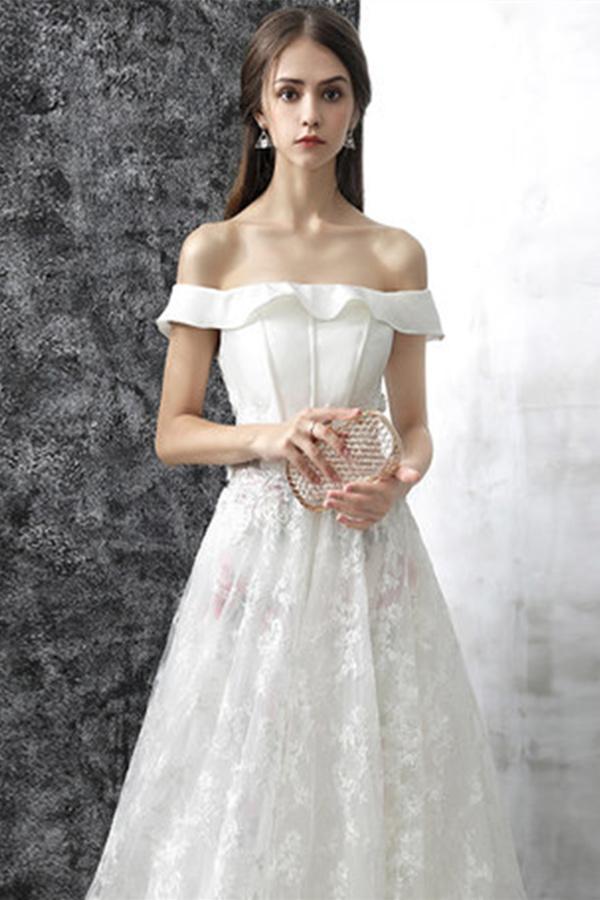 Princess White Off the Shoulder Lace A Line Wedding Dress IN637