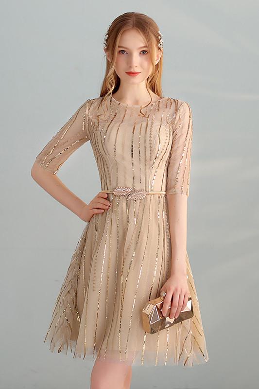 Gold Sequins A Line Short Tulle Half Sleeves Homecoming Dresses INC98