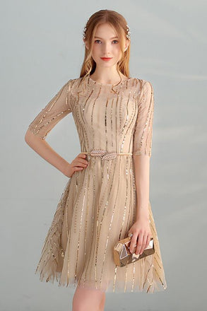 Gold Sequins A Line Short Tulle Half Sleeves Homecoming Dresses INC98