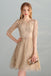 Gold Sequins A Line Short Tulle Half Sleeves Homecoming Dresses INC98