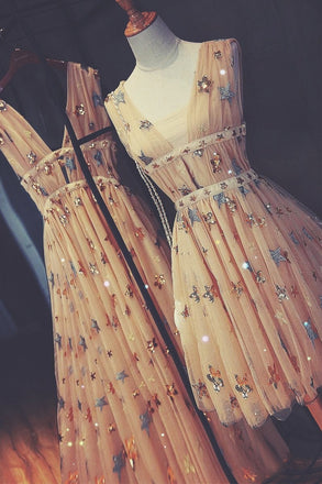 A Line Short Tulle Sleeveless Stars V Neck Homecoming Dresses INC99