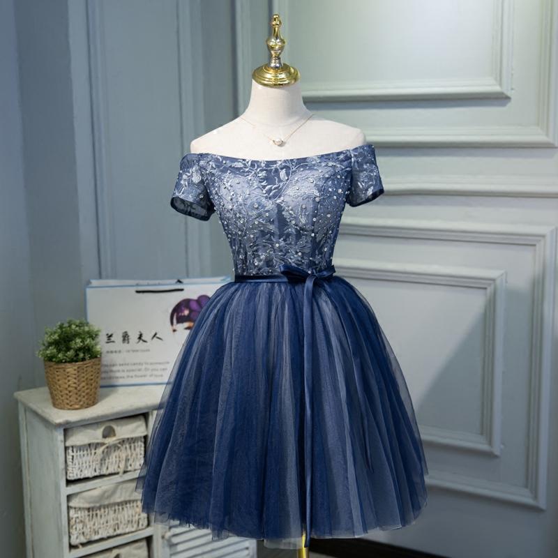 A Line Off the Shoulder Navy Blue Short Homecoming Dress INN44