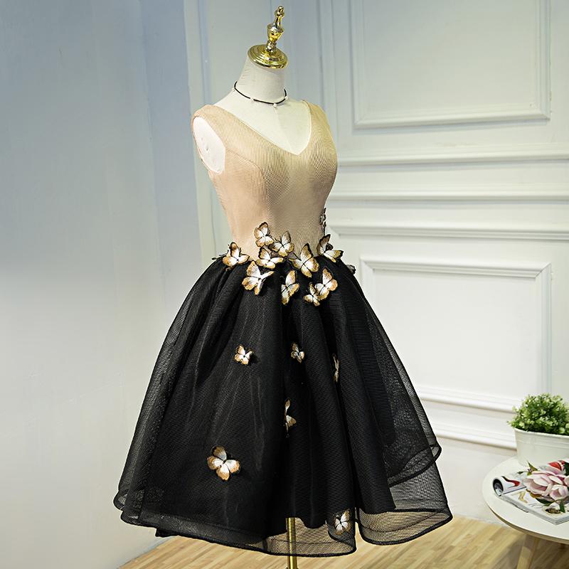 A Line Black V Neck Homecoming Dresses, Sleeveless Prom Dress With Butterfly INN68