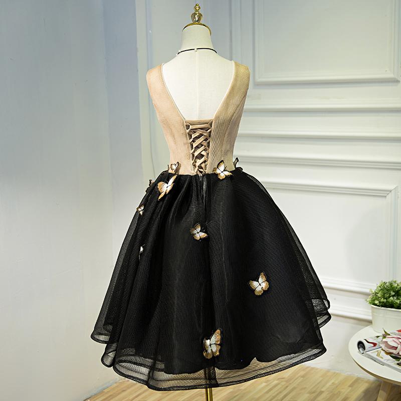 A Line Black V Neck Homecoming Dresses, Sleeveless Prom Dress With Butterfly INN68