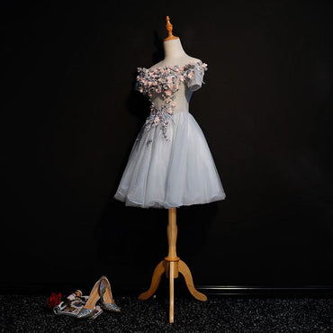Cute Gray Off the Shoulder Floral Appliques A Line Tulle Homecoming Dresses INC58