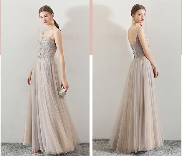 A Line Tulle Long Straps Lace Up Back Beaded Prom Dresses,Evening Dress ING73