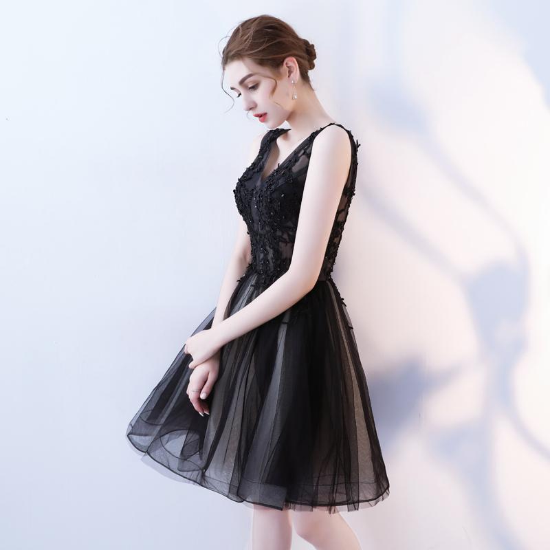 A Line V Neck Black Homecoming Dresses, Short Tulle Appliques Prom Dress INN63