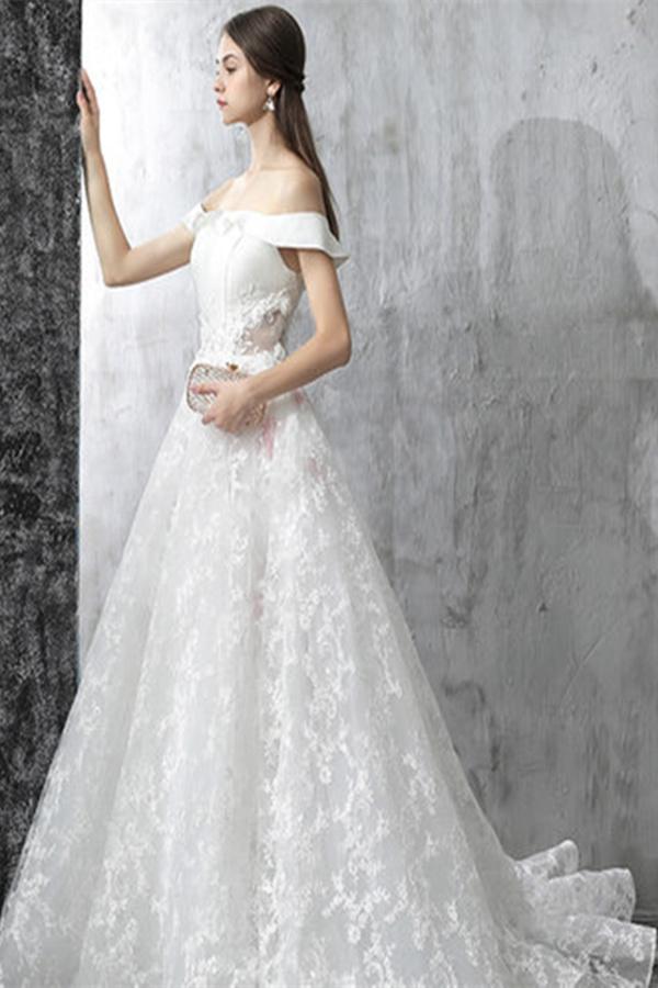 Princess White Off the Shoulder Lace A Line Wedding Dress IN637
