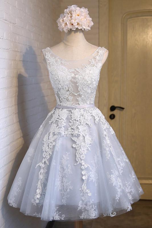 A Line Lace Appliques V Neck Gray Short Homecoming Dresses IND6