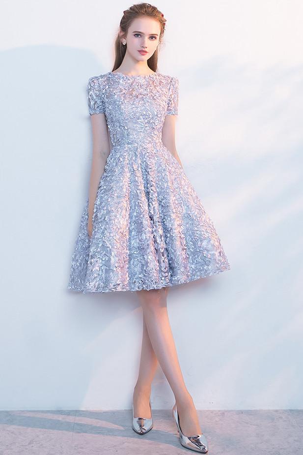 Elegant Lace A Line Short Light Blue Homecoming Dresses INC95