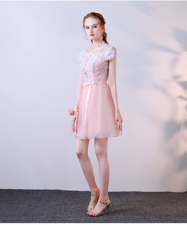 Pink A Line Tulle Cap Sleeves Short Homecoming Dresses With Flowers INC59